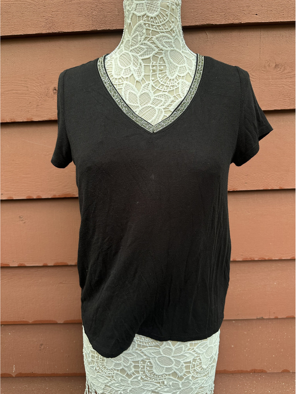 Jennifer Lopez Black V Neck Tee with Sparkling Silver Embellished Trim